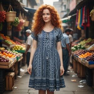 Papa Vancouver Blue White Floral Smocked Milkmaid Top Dress Size M